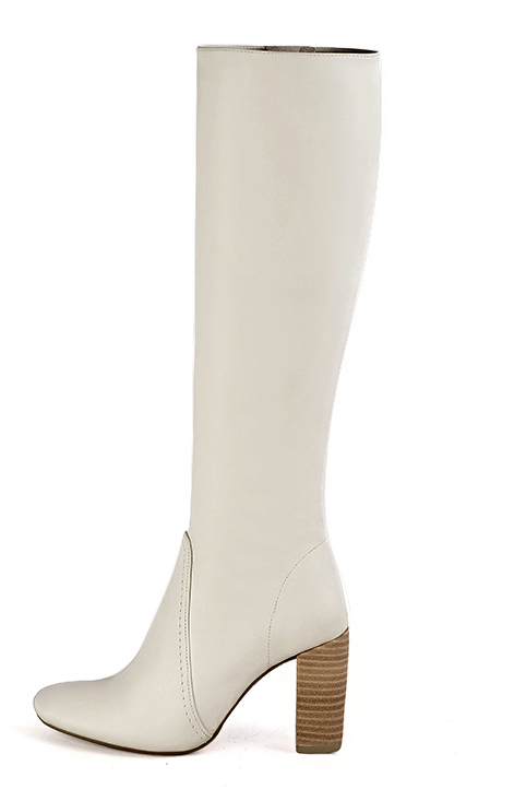 Off white women's feminine knee-high boots. Round toe. High block heels. Made to measure. Profile view - Florence KOOIJMAN